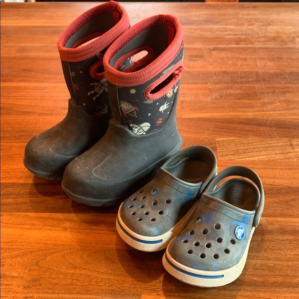 Bogs and crocs 8 toddler rubber winter boots and water shoes bundle